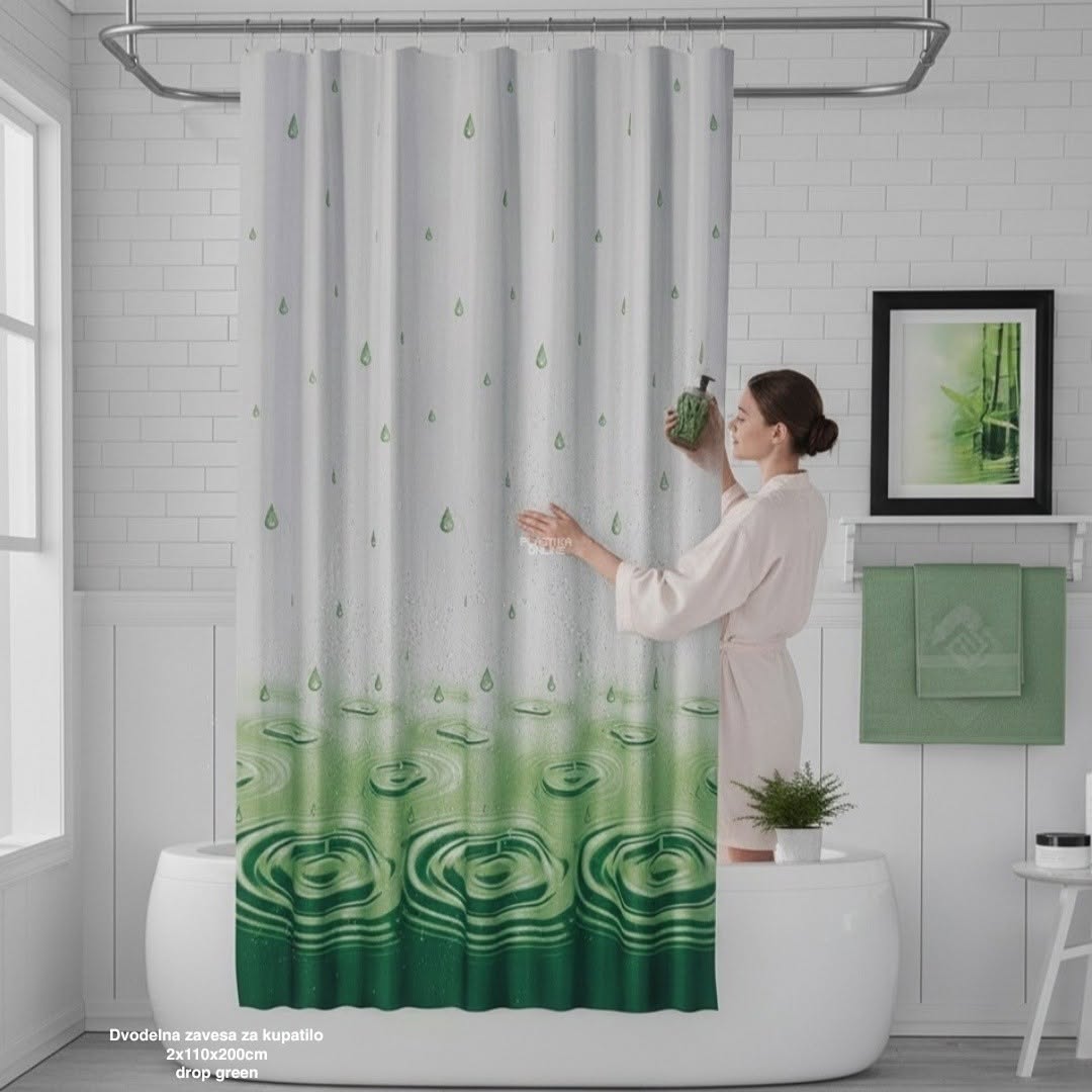 Dvodelna zavesa za kupatilo DROP Green 2 × 110 × 200 cm , tuš zavesa