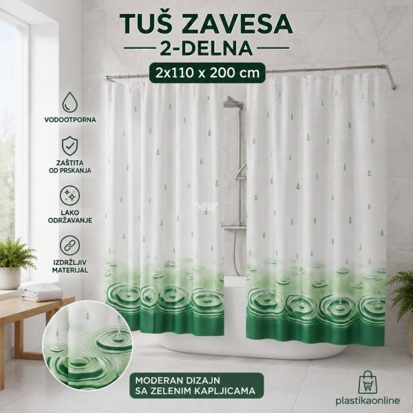 Dvodelna zavesa za kupatilo DROP Green 2 × 110 × 200 cm , tuš zavesa
