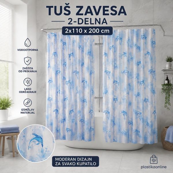 Dvodelna zavesa za kupatilo Dolphin 2x110x200 cm , tuš zavesa
