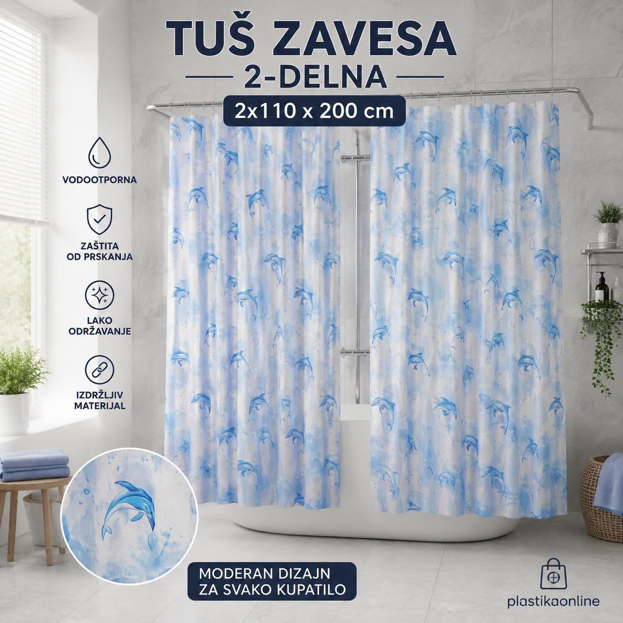Dvodelna zavesa za kupatilo Dolphin 2x110x200 cm , tuš zavesa