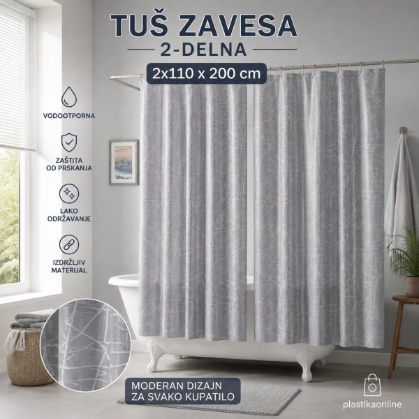 Dvodelna zavesa za kupatilo Marble 2x110x200 cm , tuš zavesa