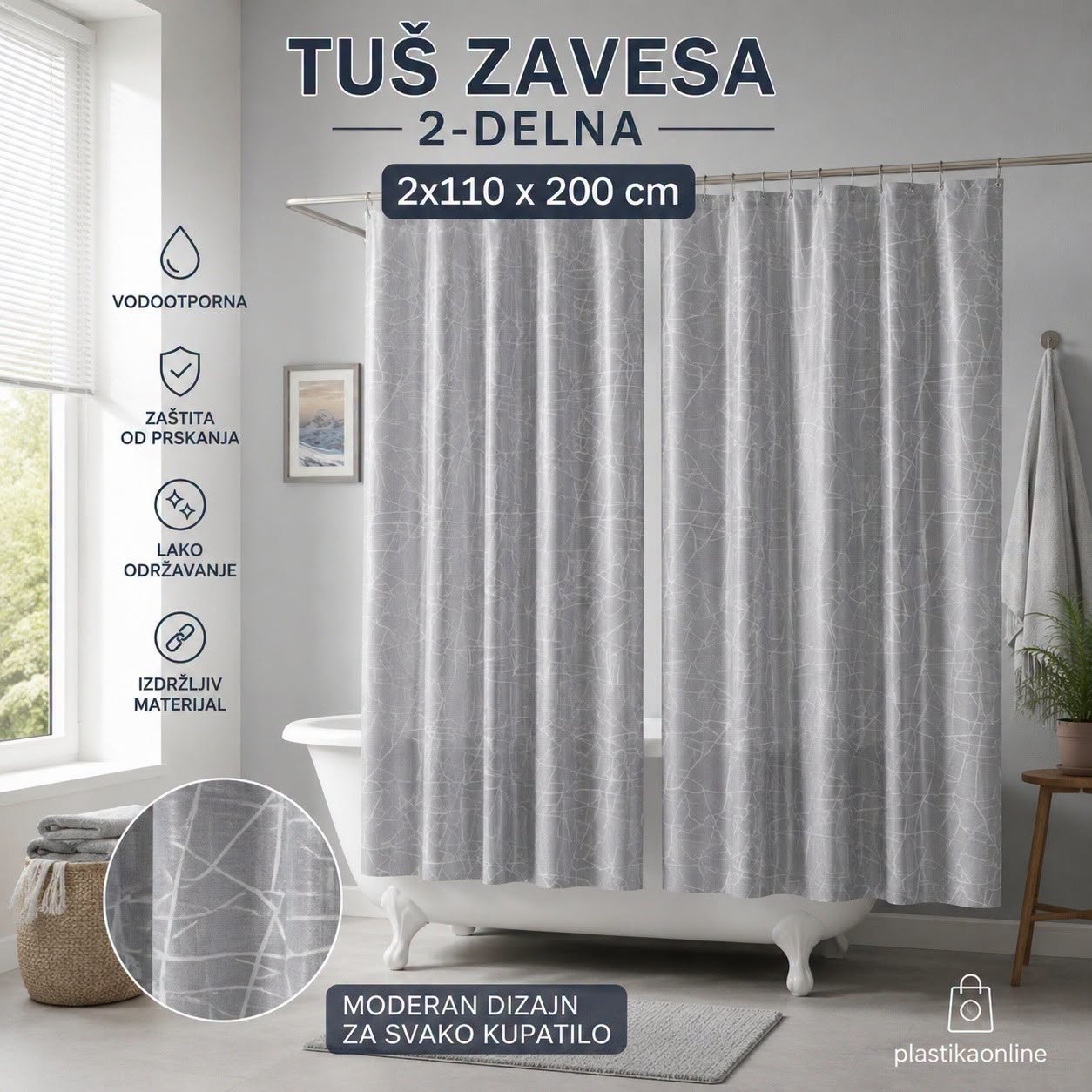 Dvodelna zavesa za kupatilo Marble 2x110x200 cm , tuš zavesa