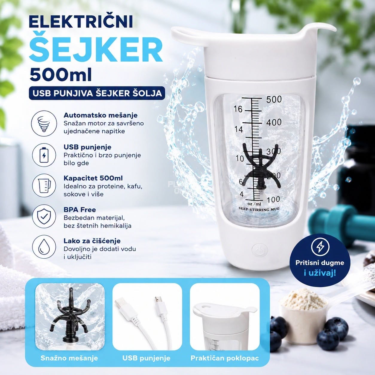Električni šejker 500 ml – USB punjiva šejker šolja