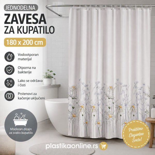 Jednodelna zavesa za kupatilo 180×200 cm Daisy , zavesa za kadu, zavesa za tuš kabinu