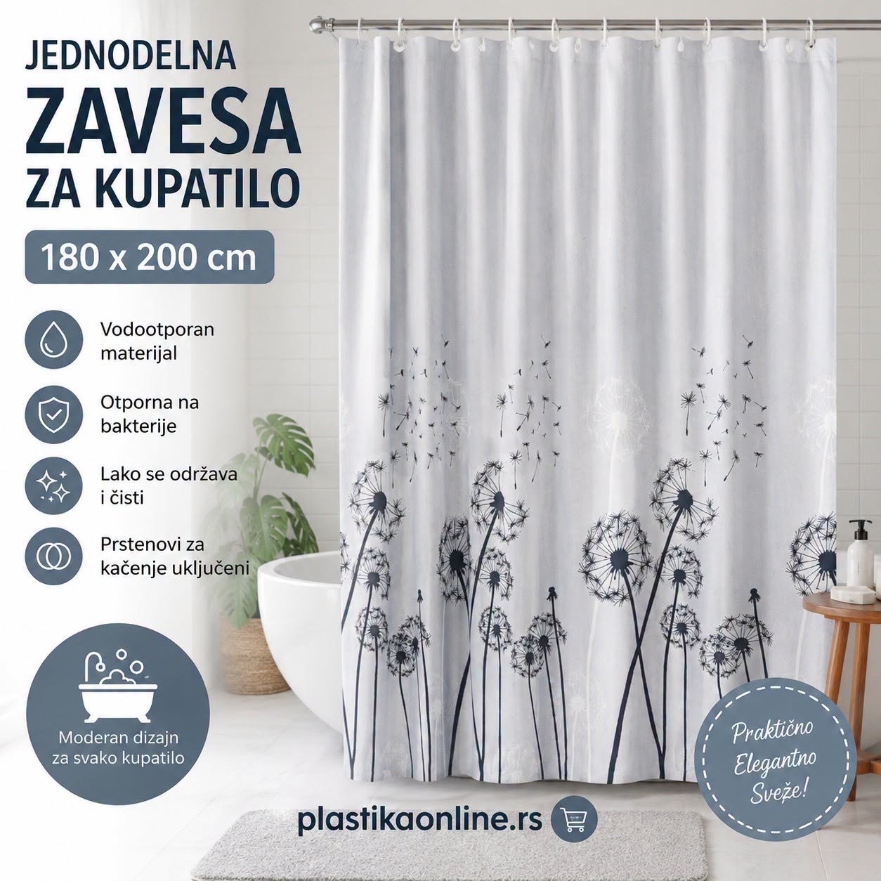 Jednodelna zavesa za kupatilo 180×200 cm Dandellion , zavesa za kadu, zavesa za tuš kabinu