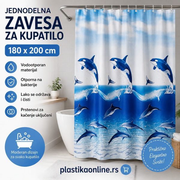 Jednodelna zavesa za kupatilo 180×200 cm ORCA , zavesa za kadu, zavesa za tuš kabinu