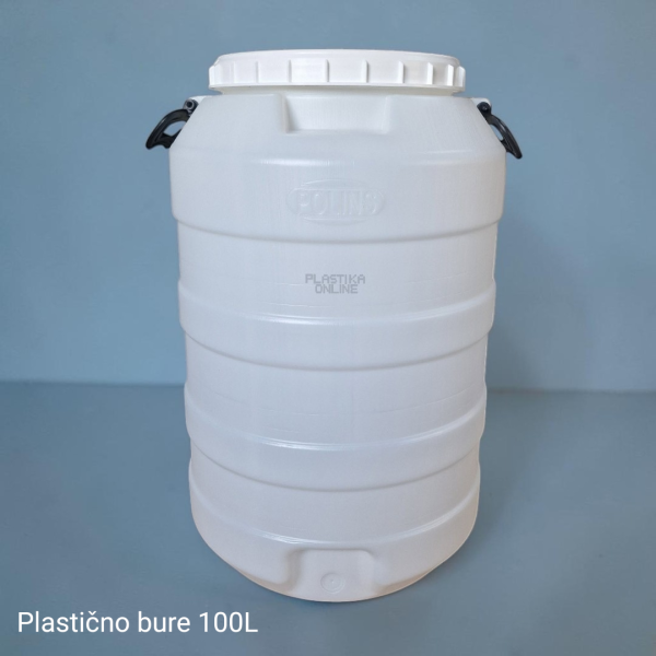 Plastično bure 100L sa poklopcem i ručkama Polins visine 69cm i prečnika 28cm bele boje