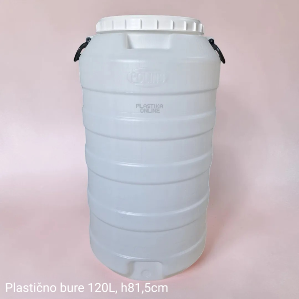 Plastično bure 120L zapremine visine 81,5cm sa poklopcem i ručkama bele boje prečnika otvora 28cm