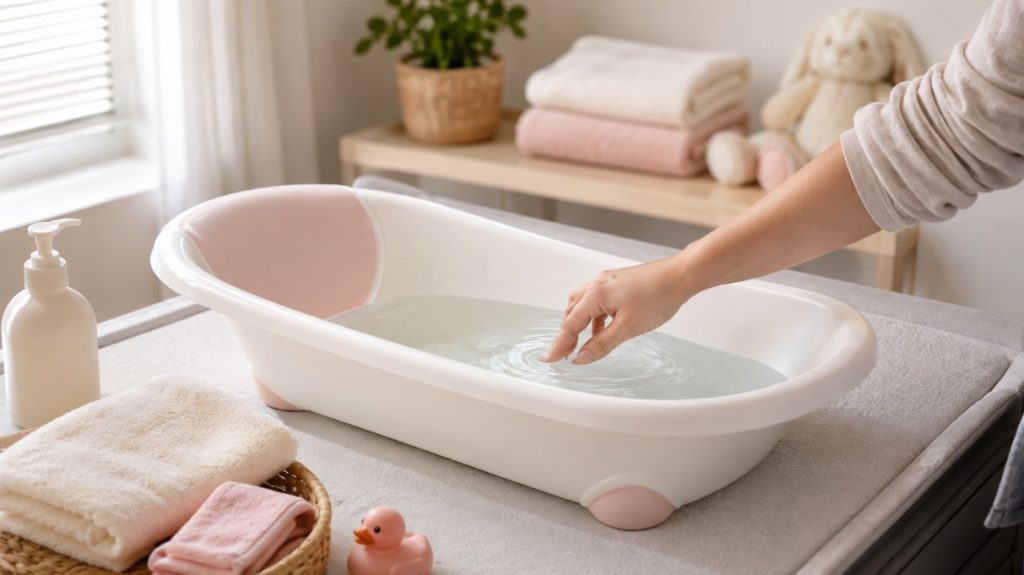 Kadica za bebe sa manjom količinom vode dok odrasla osoba rukom proverava temperaturu vode pre kupanja