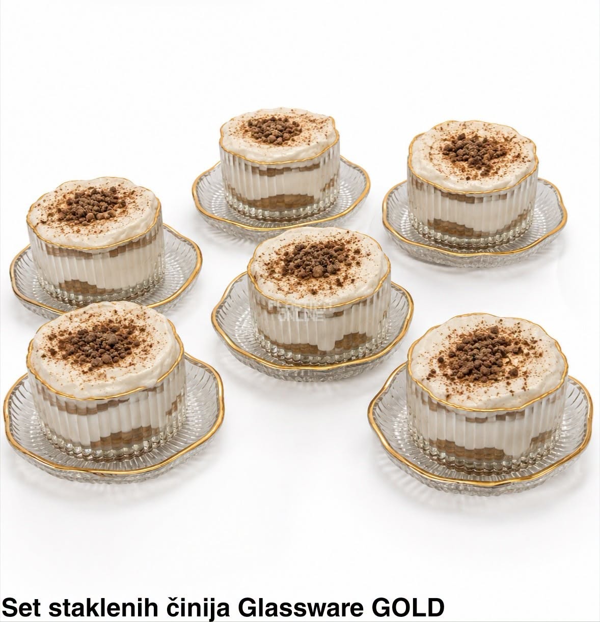 Set od 6 staklenih činija sa podmetačem sa zlatnim rubom glassware gold