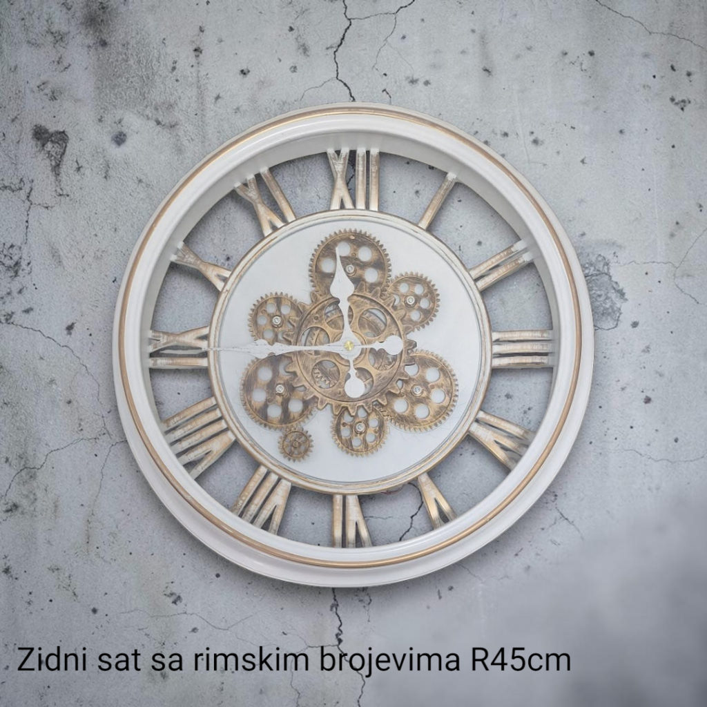 Zidni sat sa rimskim brojevima sa zadnjom providnom stranom i dodatnim mehanizmom, slova zlatne boje, prečnik 45cm