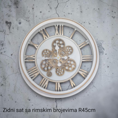 Zidni sat sa rimskim brojevima sa zadnjom providnom stranom i dodatnim mehanizmom, slova zlatne boje, prečnik 45cm