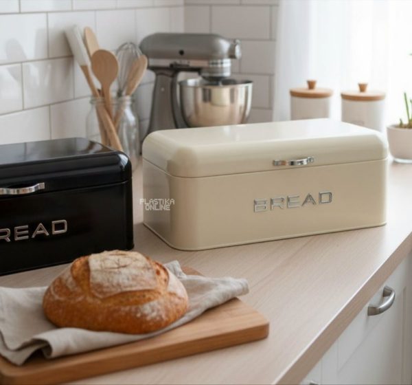Kutija za hleb BREAD crne i bež boje sa ručkom za otvaranje u nju staje dve vekne hleba