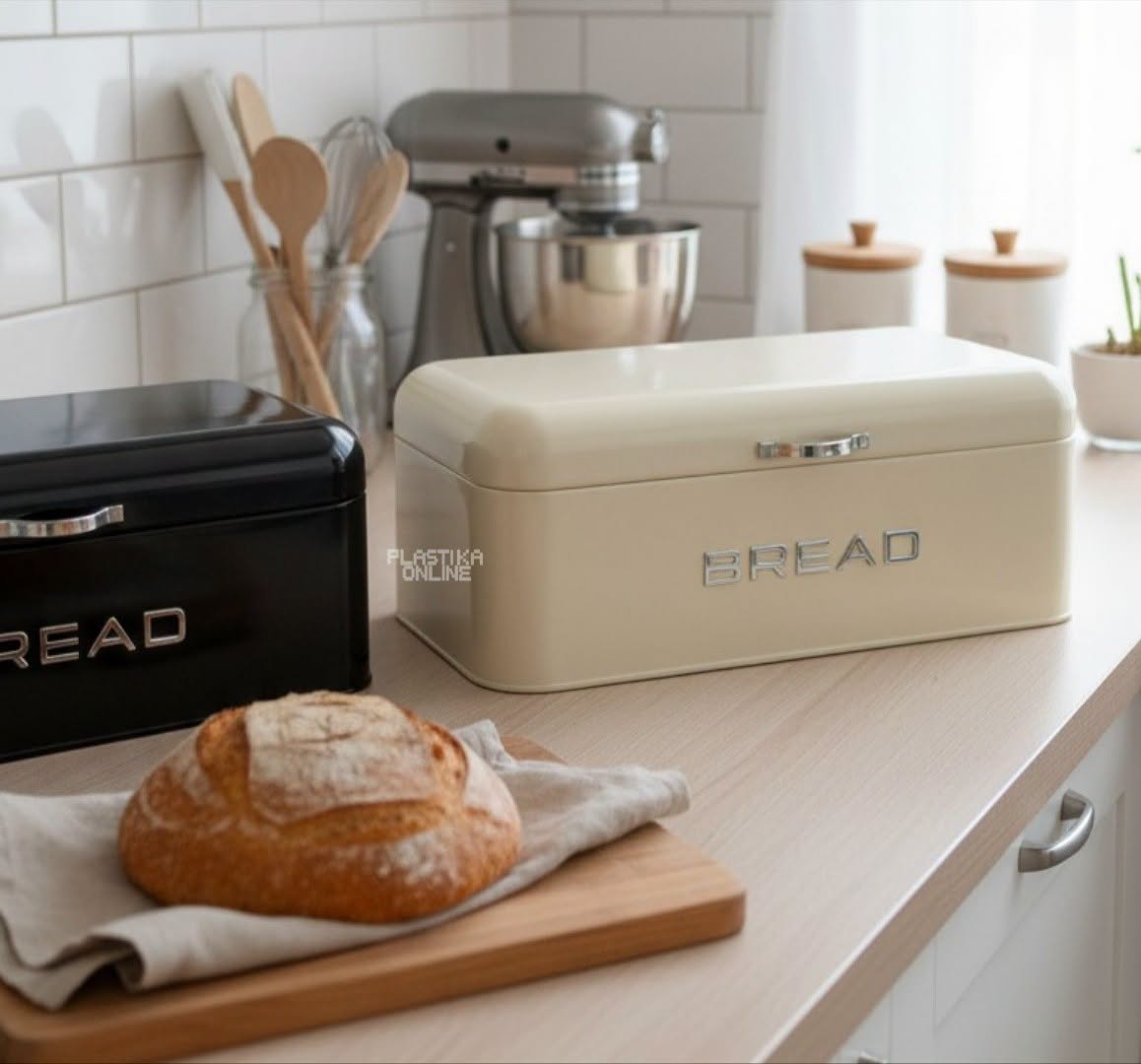 Kutija za hleb BREAD crne i bež boje sa ručkom za otvaranje u nju staje dve vekne hleba