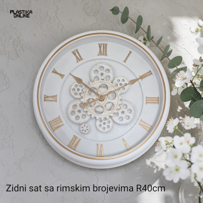 Zidni sat sa rimskim brojevima i dodatnim mehanizmom bele boje i zlatnim slovima