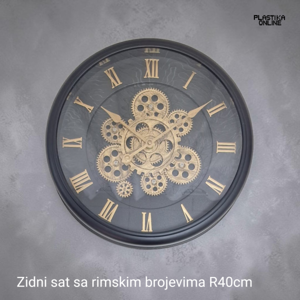 zidni sat sa rimskim brojevima crne boje i sa dodatnim mehanizmom