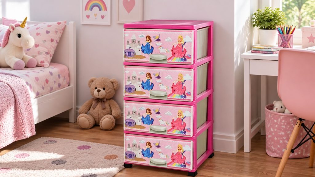 Roze dečiji fiokar sa četiri fioke i motivima princeza u dečijoj sobi