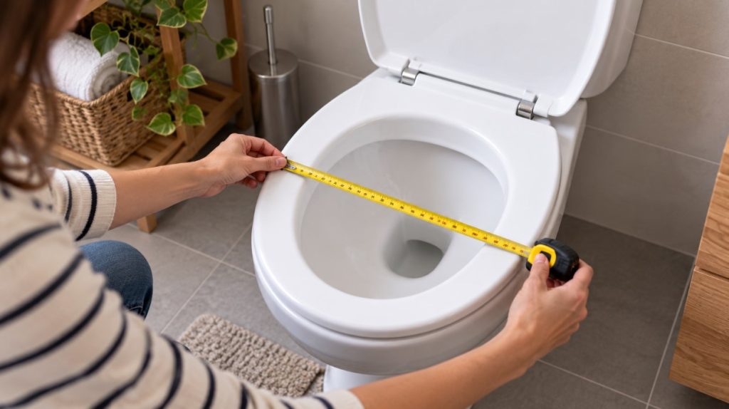 Merenje širine WC šolje metrom pre kupovine nove WC daske