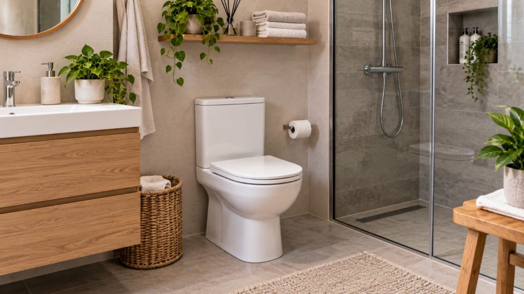 Uređen prostor oko WC šolje sa nosačem toalet papira i usklađenim detaljima