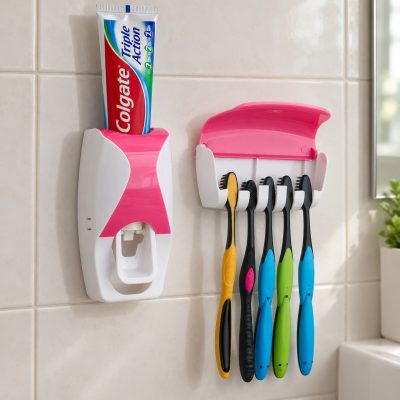 Dozator za pastu za zube sa držačem za 5 četkica – roze-beli
