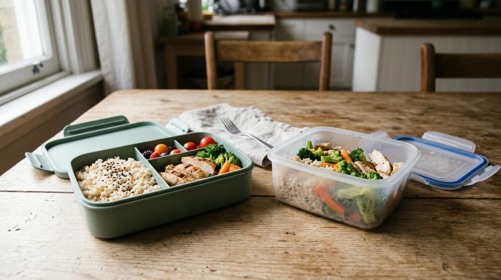 Uporedni prikaz pregradnog lunch box-a sa domaćim obrokom i klasične plastične posude za hranu na drvenom stolu pod prirodnim svetlom.