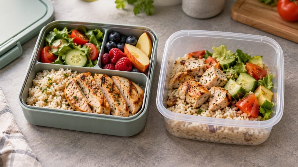 Lunch box sa pregradama i obična kutija za hranu prikazani jedan pored drugog radi poređenja organizacije obroka
