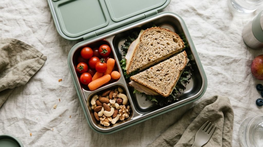 Lunch box sa pregradama sadrži sendvič, čeri paradajz, šargarepu i orašaste plodove, spreman za nošenje obroka