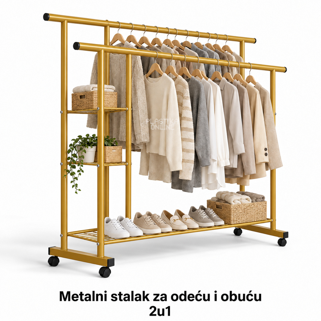Metalni stalak za odeću i obuću 2u1 - ZLATNA BOJA