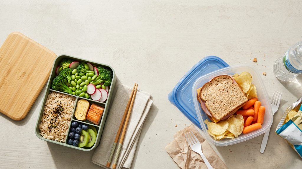 Otvoren bento lunch box sa sveže spakovanim namirnicama pored klasične plastične posude za hranu